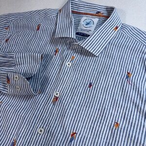 A Fish Named Fred Cotton-Linen Shirt Men's 2XL Blue Stripe Palm Tree Embroidery